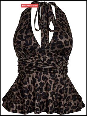 Plus Size Leopard Print Halter Peplum Top Sleeveless Backless Going Out